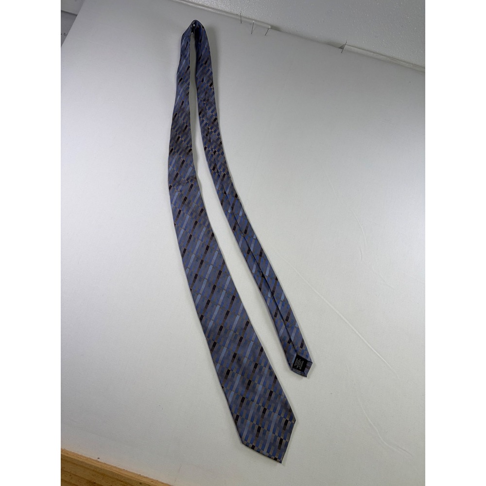 Van Heusen Mens Blue Grey Geometric Block Pattern 100% Silk Stain Resistant Tie